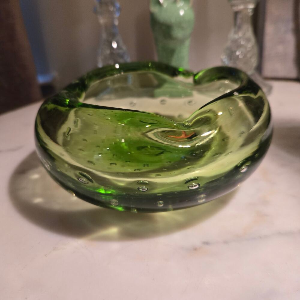 MCM Murano Green Art Glass Ashtray Bullicante Controlled Bubble Heavy Freeform